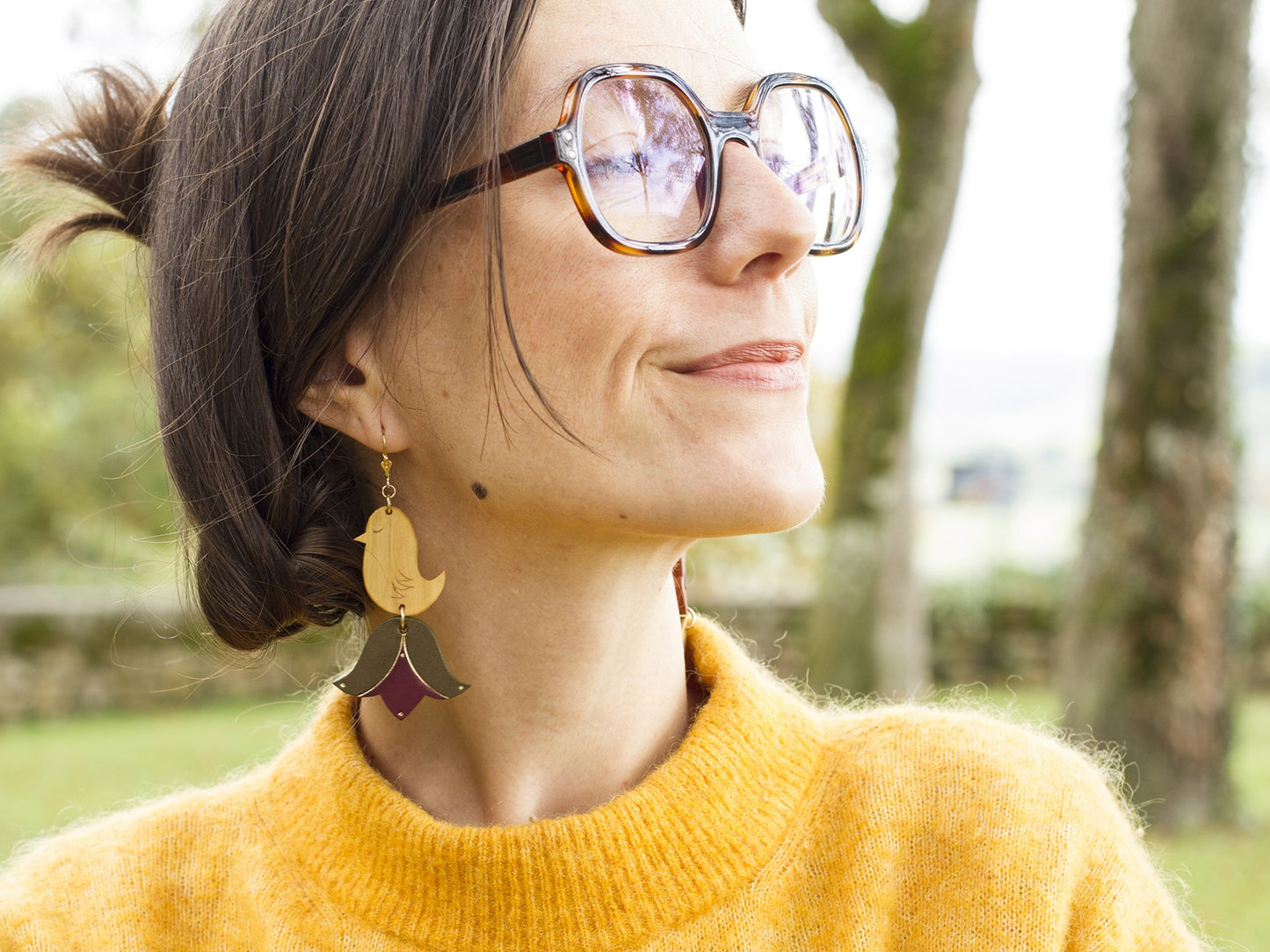 Oiseau et fleurs - Boucles d'oreilles dépareillée