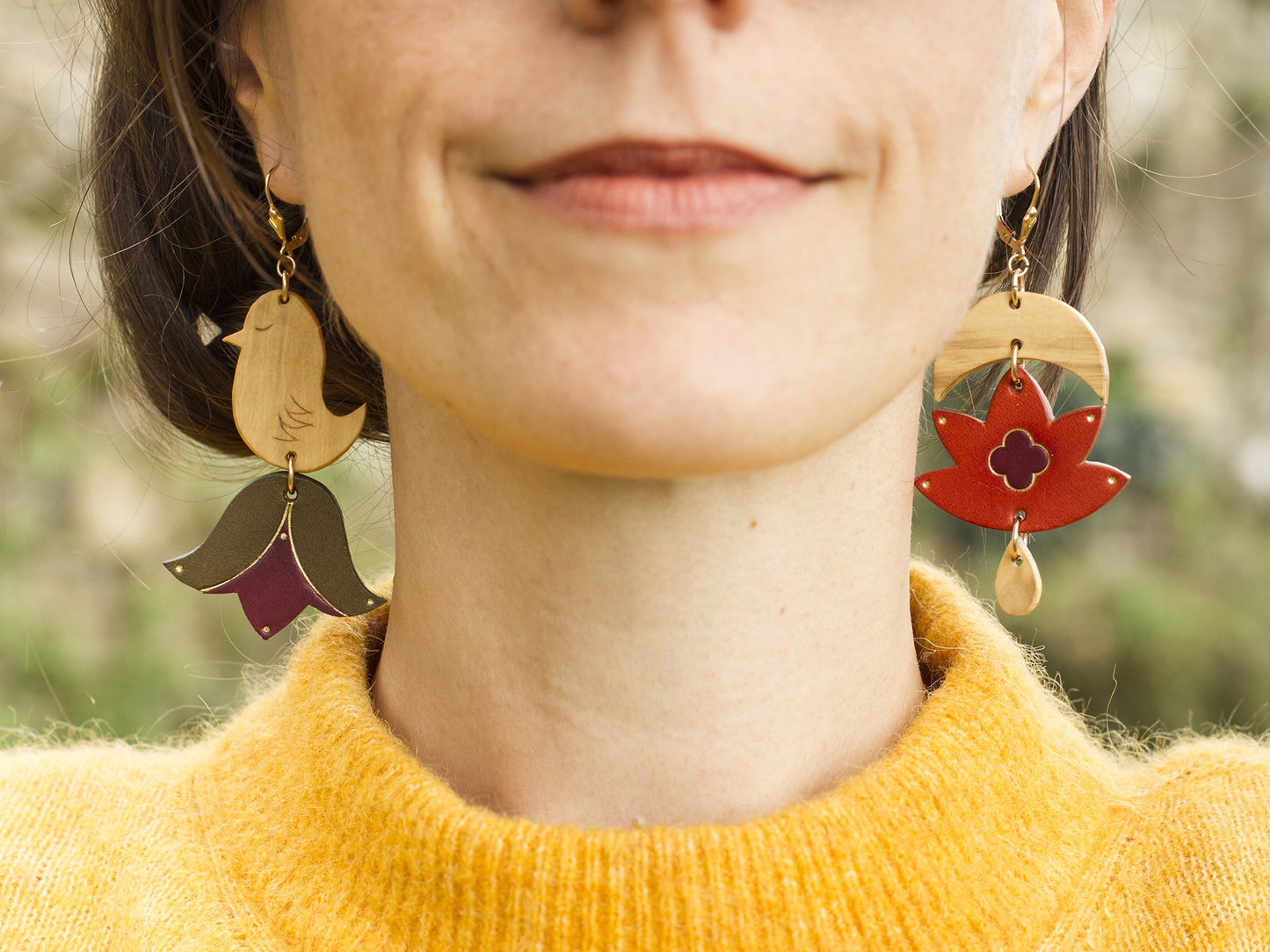 Oiseau et fleurs - Boucles d'oreilles dépareillée